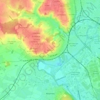 Carte topographique Montégu, altitude, relief