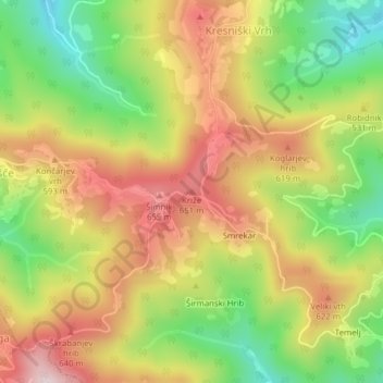 Carte topographique Križe, altitude, relief