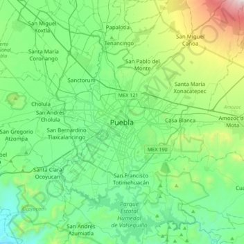 Carte topographique Puebla, altitude, relief