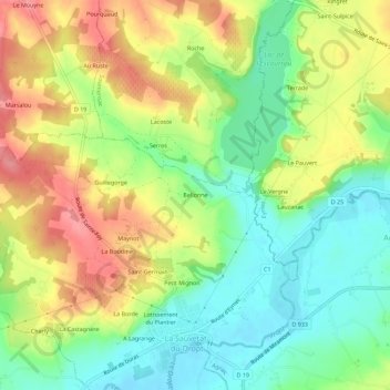 Carte topographique Bellonne, altitude, relief