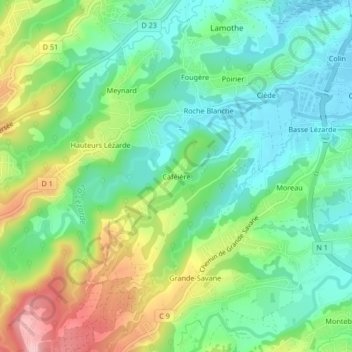 Carte topographique Caféière, altitude, relief