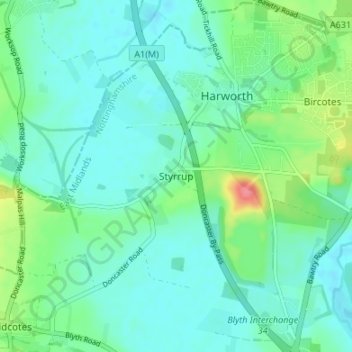 Carte topographique Styrrup, altitude, relief