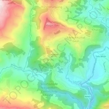 Carte topographique Kharka, altitude, relief