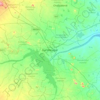 Carte topographique Karimnagar, altitude, relief