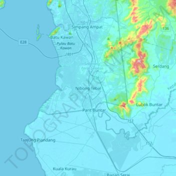 Carte topographique Nibong Tebal, altitude, relief
