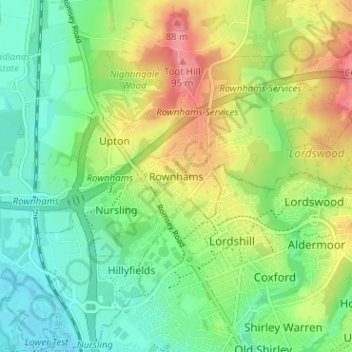 Carte topographique Rownhams, altitude, relief