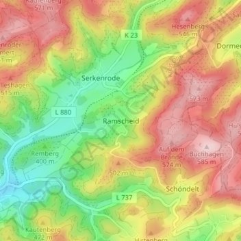 Carte topographique Ramscheid, altitude, relief