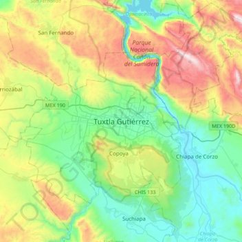 Carte topographique Tuxtla Gutiérrez, altitude, relief