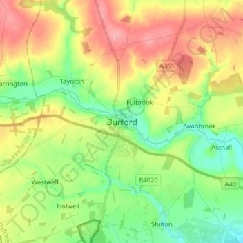 Carte topographique Burford, altitude, relief