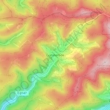 Carte topographique Günsterode, altitude, relief