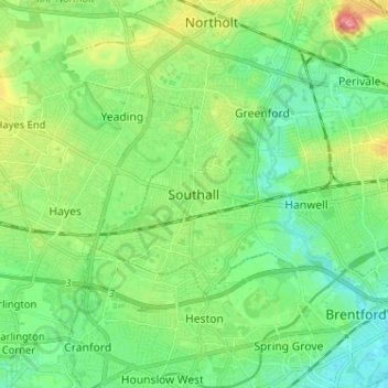 Carte topographique Southall, altitude, relief
