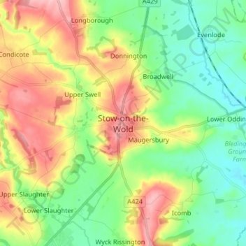 Carte topographique Stow-on-the-Wold, altitude, relief
