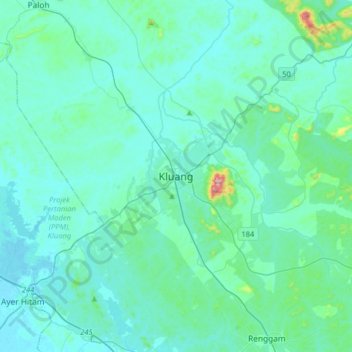 Carte topographique Kluang, altitude, relief