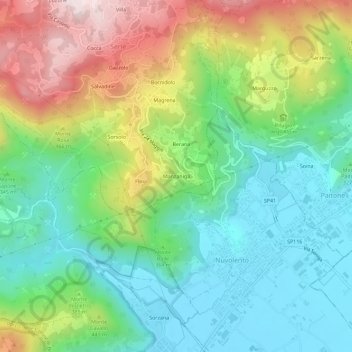 Carte topographique Manzaniga, altitude, relief