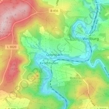 Carte topographique Odersbach, altitude, relief