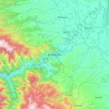 Carte topographique Baramulla, altitude, relief