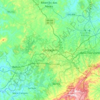 Carte topographique Contagem, altitude, relief