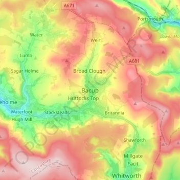 Carte topographique Bacup, altitude, relief