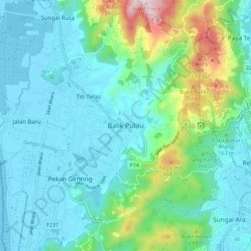 Carte topographique Balik Pulau, altitude, relief