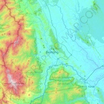 Carte topographique Bentong, altitude, relief