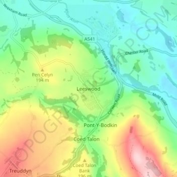Carte topographique Leeswood, altitude, relief