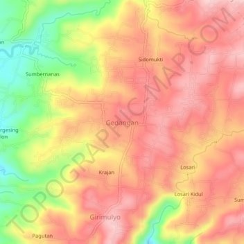 Carte topographique Gedangan, altitude, relief