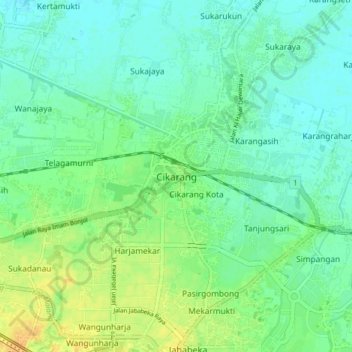 Carte topographique Cikarang, altitude, relief