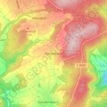 Carte topographique Hasselbach, altitude, relief