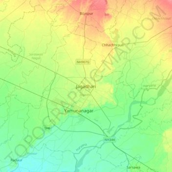 Carte topographique Jagadhari, altitude, relief
