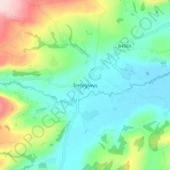 Carte topographique Trefeglwys, altitude, relief