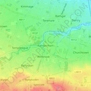 Carte topographique Rathfarnham, altitude, relief