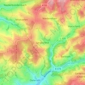 Carte topographique Lindscheid, altitude, relief