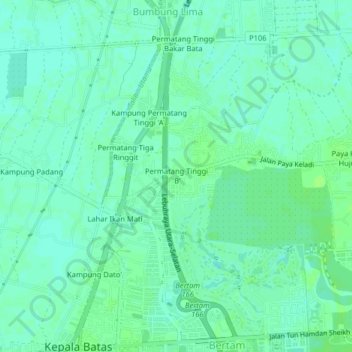 Carte topographique Permatang Tinggi 'B', altitude, relief
