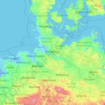 Carte topographique Hambourg, altitude, relief
