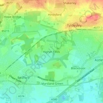 Carte topographique Higher Folds, altitude, relief