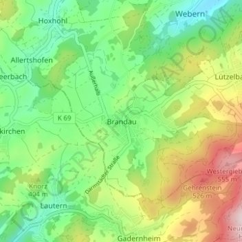 Carte topographique Brandau, altitude, relief