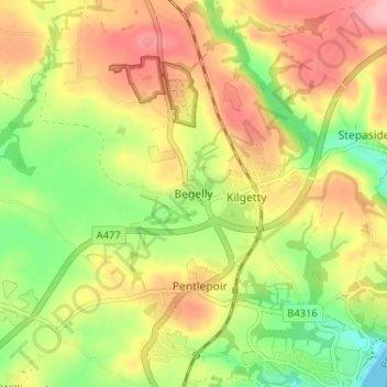 Carte topographique Begelly, altitude, relief