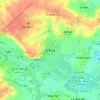 Carte topographique St Ives, altitude, relief