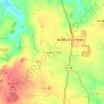 Carte topographique Stanningfield, altitude, relief