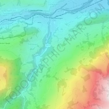 Carte topographique Bächlen, altitude, relief
