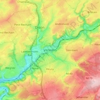 Carte topographique Verviers, altitude, relief