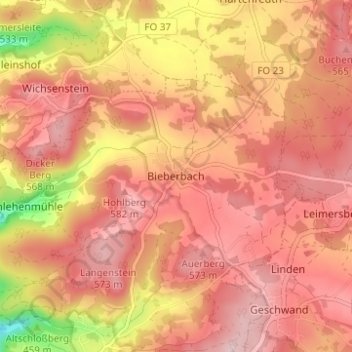 Carte topographique Bieberbach, altitude, relief