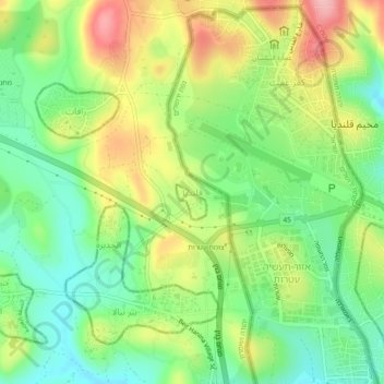 Carte topographique Kalandia, altitude, relief