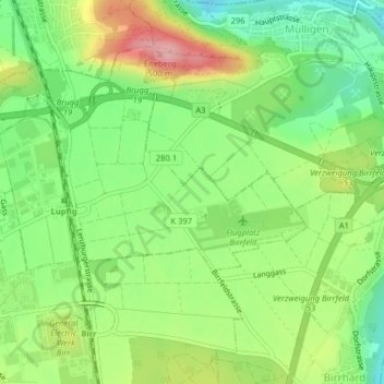 Carte topographique Birrfeld, altitude, relief