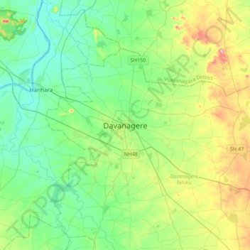 Carte topographique Davanagere, altitude, relief