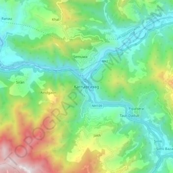 Carte topographique Karnaprayag, altitude, relief