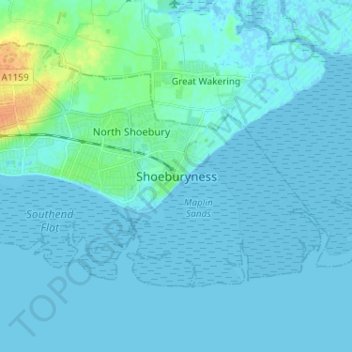 Carte topographique Shoeburyness, altitude, relief
