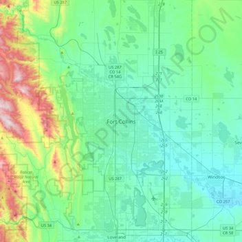 Carte topographique Fort Collins, altitude, relief