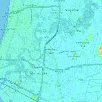 Carte topographique Permatang Pauh, altitude, relief