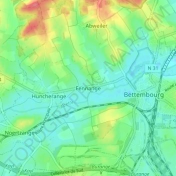 Carte topographique Fennange, altitude, relief